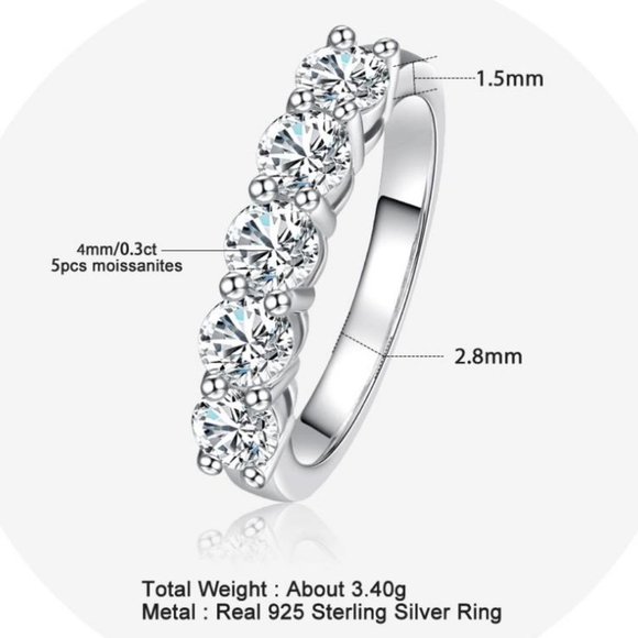 Certified 1.5 ct. t.w. Moissanite Diamond 5 Stone Half Eternity Band Ring NEW - Picture 4 of 12